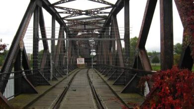 Most kolejowy z widokiem na całą konstrukcję, jesienne kolory liści, historia i architektura, idealne dla miłośników podróży, zdjęcie na stronie PaniDyrektor.pl.