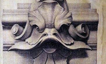 Stworzony relief architektoniczny przedstawiający rzeźbioną głowę z ornamentami i detalami w stylu klasycznym, umieszczony na elewacji budynku, stanowiący element dekoracyjny renowacji zabytków.