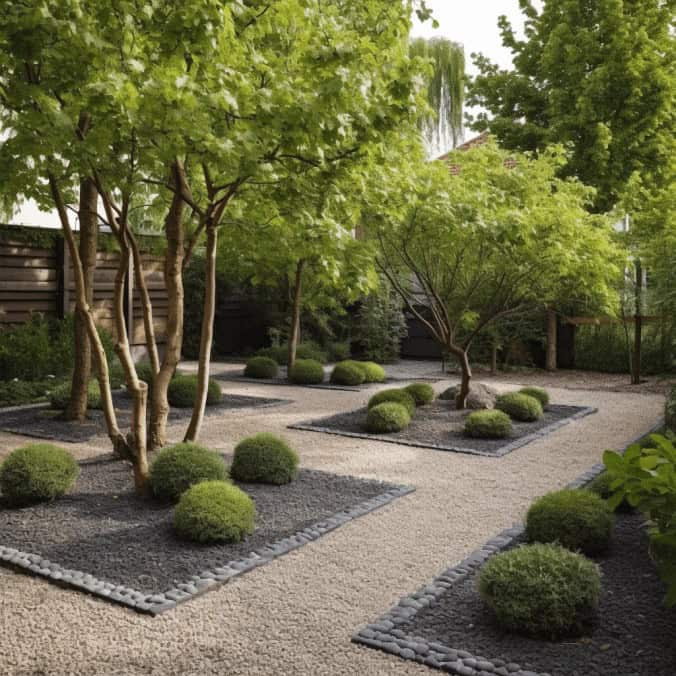 Kwiecisty ogród zen z minimalistycznym designem, wyrafinowana aranżacja roślin, harmonijna przestrzeń z naturalnym układem kamieni i bylin, idealna do relaksu i terapii zieleni.