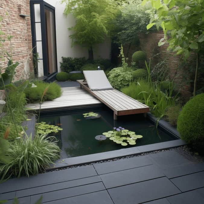 Relaksujący ogród z małym stawem i leżankami, nowoczesny design, zielone rośliny, kamieniste ścieżki, idealny na odpoczynek i relaks, aranżacja ogrodu inspirowana naturą, elegancka przestrzeń na zewnątrz, przytulny ogród w stylu nowoczesnym.