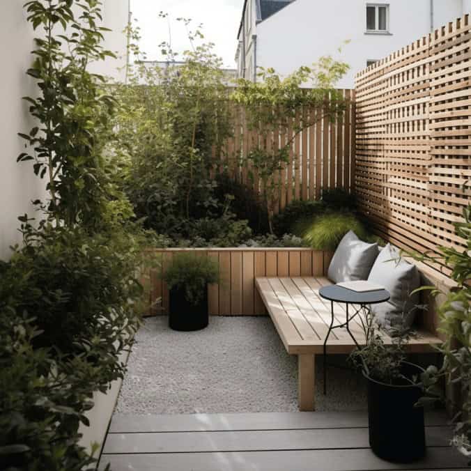 Przytulny balkon z naturalnym drewnianym meblem i zielonymi roślinami, idealny do relaksu i odpoczynku na świeżym powietrzu.