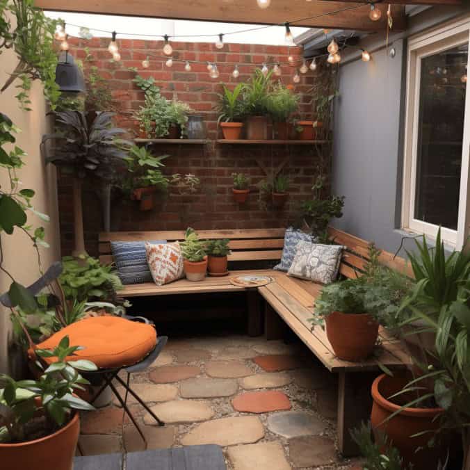 Przytulny ogródek z roślinami i drewnianą sofą, idealny do relaksu na świeżym powietrzu z dekoracyjnymi poduszkami i lampkami solarnymi.