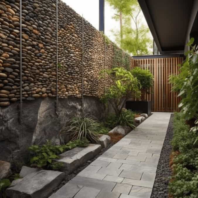 Krajobraz ogrodu z kamieniami, nowoczesną ścieżką i zielonymi roślinami, elegancka aranżacja na tarasie, inspirowana designem PaniDyrektor.pl.