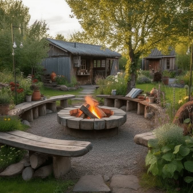 Przytulny ogród z kamiennym paleniskiem, wokół drewnianych ławek i kwitnących roślin, idealne miejsce na relaks i spotkania na świeżym powietrzu.
