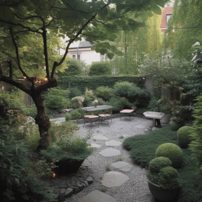 Zielony ogród z kamienną ścieżką i siedziskami, relaksujące miejsce na zewnątrz z bujną roślinnością, idealny na wypoczynek i odpoczynek na świeżym powietrzu.