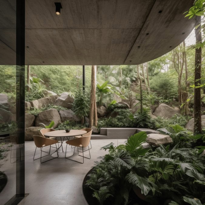 Nowoczesny minimalistyczny taras w stylu ecolodge z widokiem na zieleń, z naturalnymi materiałami i komfortowym wystrojem, idealny do relaksu na łonie natury.