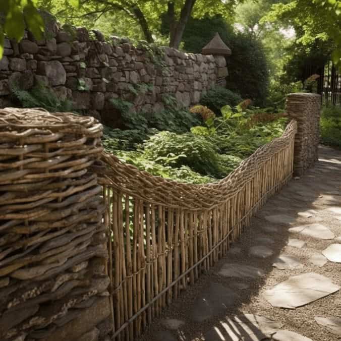 Naturalne ogrodzenie z wikliny i drewna w zielonym ogrodzie, ekologia, ręczna robota, estetyka, design ogrodowy, ochrona roślin, ozdoba, ekologiczne rozwiązanie, naturalny klimat, inspiracje ogrodowe.