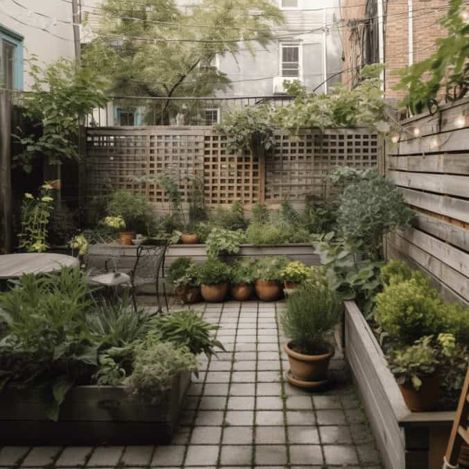 Różnorodny ogród z roślinami pnącymi i doniczkami, przestrzeń do wypoczynku na zewnątrz.