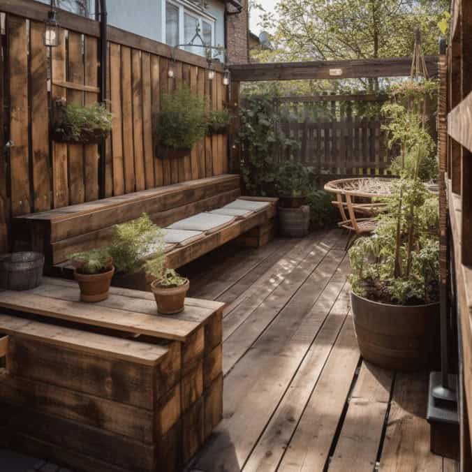 Częściowo zaciemniona drewniana patio z pufami i donicami z roślinami, otoczona drewnianą palisadą, idealne miejsce na relaks na świeżym powietrzu.