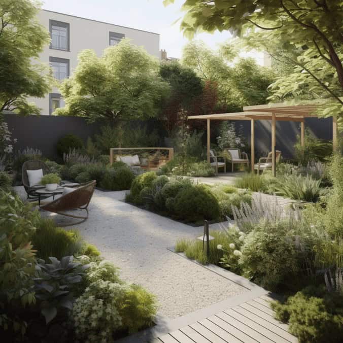 Naturalny ogród zrelaksacyjny z miejscami do siedzenia i pergolą, idealny do wypoczynku na świeżym powietrzu, nasadzenia i zielone przestrzenie, nowoczesny design ogrodu.