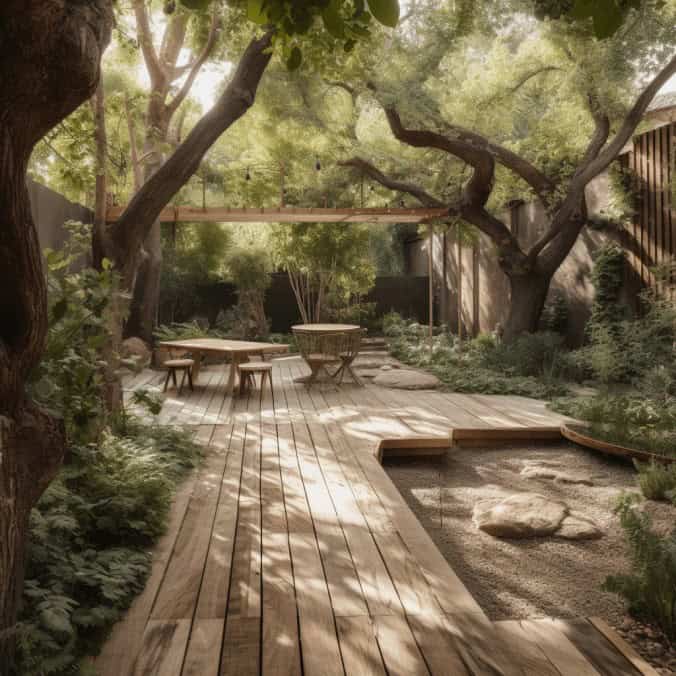 Naturalny ogród z drewnianą podłogą i tarasem, idealne miejsce do relaksu i wypoczynku na świeżym powietrzu, otoczone zielenią i drzewami, harmonijne otoczenie do rekreacji i odpoczynku.