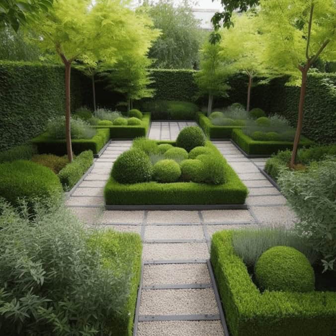 Różnorodny układ zielonych roślin w ogrodzie, nowoczesny design, trawniki, rośliny ozdobne, strefa relaksu, zieleń, aranżacja ogrodu, pielęgnacja roślin, ogrodnictwo, elegancka przestrzeń zielona.