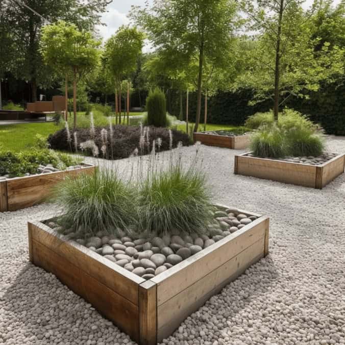 Nowe, nowoczesne projekty ogrodów z elementami naturalnego kamienia i roślin ozdobnych, idealne dla klientów ceniących elegancję i funkcjonalność.