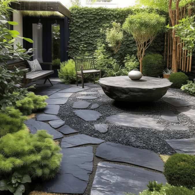 Krajina ogrodu, nowoczesny design, skalne ścieżki, relaxation garden, naturalne wykończenie, aranżacja ogrodu, elementy drewniane i kamienne, zielony zakątek, zieleń w ogrodzie, styl zen, inspiracja naturą, spokojne miejsce, estetyka ogrodowa, przestrzeń do relaksu, kompozycja roślin i kamienia.