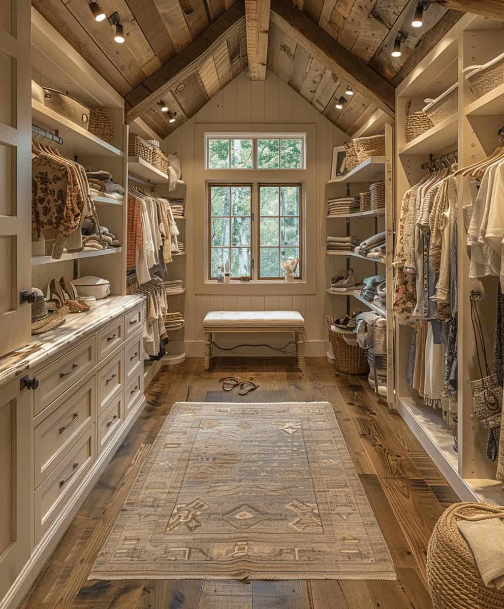 Przestronna garderoba w stylu rustykalnym z naturalnym drewnem i jasną kolorystyką, idealne rozwiązanie dla organizacji odzieży i dodatków w eleganckim wnętrzu.