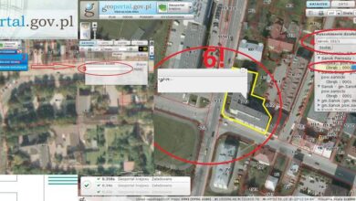 Skan mapy Geoportal.gov.pl z oznaczonymi działkami i narzędziami wyszukiwania, idealny do geodezji i planowania inwestycji w optymalnej lokalizacji.