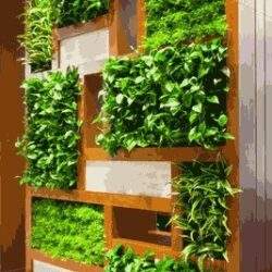 Zielony pionowy ogród na ścianie z drewnianymi ramami, dekoracyjny element wnętrza, rośliny doniczkowe, naturalna dekoracja do domu i biura.