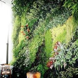 Zielona ściana z roślin ozdobnych w wnętrzu, idealna do biur i przestrzeni komercyjnych, tworzy relaksującą atmosferę i sprzyja wyszukanej estetyce.
