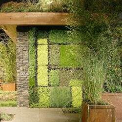 Zielona ściana z różnorodną roślinnością, nowoczesne rozwiązanie dekoracyjne i ekologiczne, idealne do ogrodów i przestrzeni miejskich, tworząca przyjazne otoczenie.