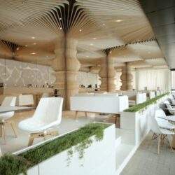 Nowe, eleganckie wnętrze restauracji z unikalnym designem, naturalne drewno, zielone elementy i nowoczesne meble, idealne miejsce na spotkanie i relaks.