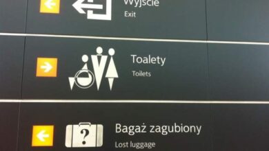 Przejście do wyjścia, toalet i zgubionego bagażu na lotnisku, wyraźne oznakowania dla podróżnych, zapewniające łatwą orientację i komfort podczas podróży.