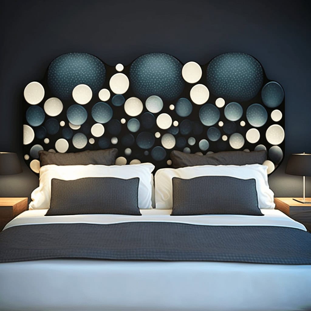 Nowy stylowy design sypialni z nowoczesnym zagłówkiem z okrągłych elementów, jasne i ciemne tekstylia, eleganckie lampy przy łóżku, komfortowe i relaksujące wnętrze, idealne do wypoczynku.