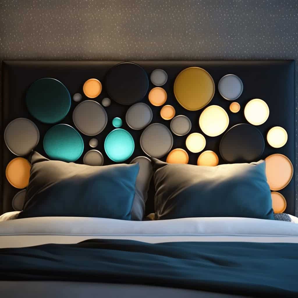 Oświetlenie LED na głowie łóżka, nowoczesny design sypialni, dekoracyjny element wnętrza, kolorowe lampki nocne, relaksujący klimat, stylowe miejsce do odpoczynku, aranżacja sypialni.