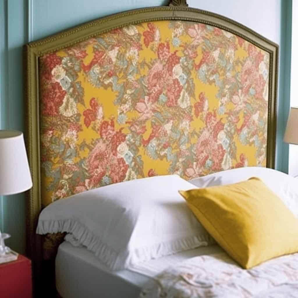 Przytulny zagłówek łóżka z tapicerką w kwiatowe wzory, idealny do sypialni w stylu vintage, zapewniający komfort i elegancję.