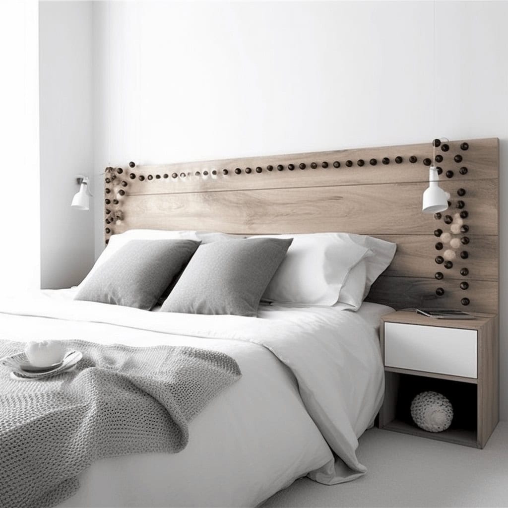 Alt tekst: nowoczesny, minimalistyczny zagłówek łóżka z dekoracyjnymi kulami, sypialnia w jasnej kolorystyce z lampami ściennymi, wkomponowana w wnętrze o optymalnej funkcjonalności.