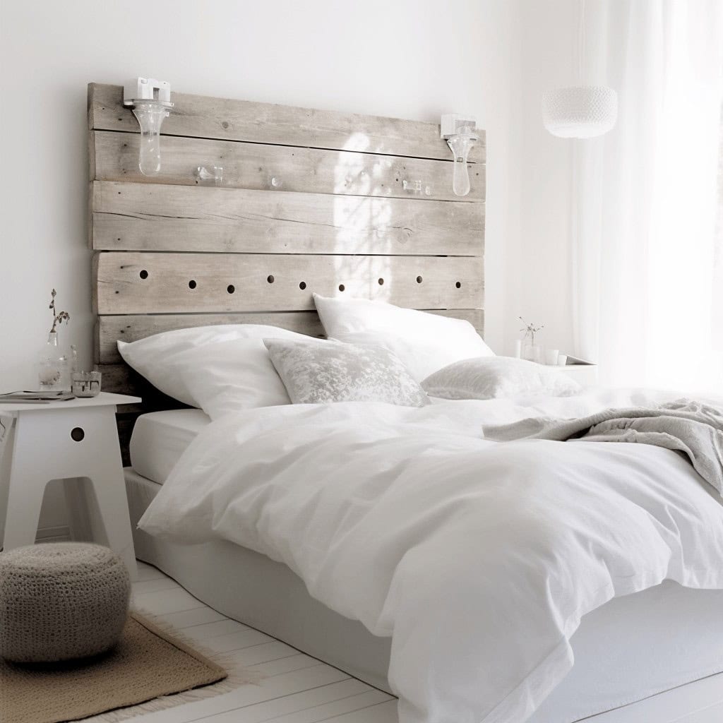 Przytulna sypialnia z drewnianą dekoracją, naturalne odcienie i białe pościele, minimalistyczny design, idealny dla relaksu i odpoczynku, wpisująca się w trendy optymalizacji wnętrz.