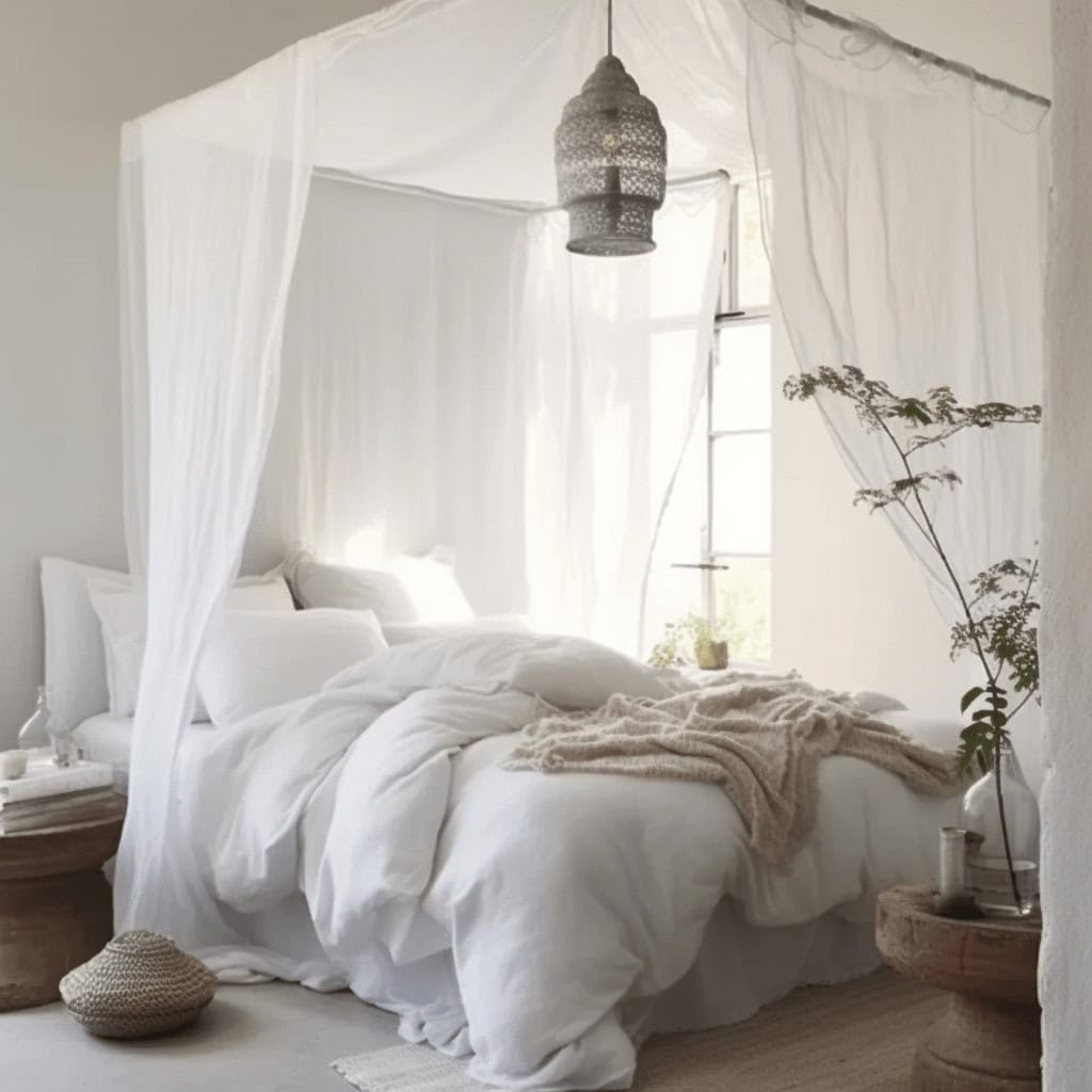 Przytulne białe łóżko z baldachimem w naturalnym stylu, duże okno, dekoracyjna lampa i rośliny, minimalistyczna i spokojna atmosfera sypialni w stylu boho, idealna do relaksu.