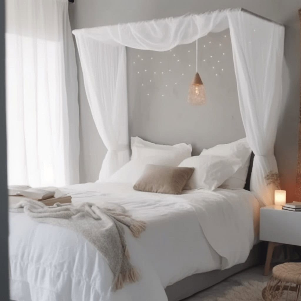 Pokój sypialny z baldachimem, białe dekoracje i miękkie poduszki, przytulna atmosfera, luksusowe wnętrze, relaks i komfort, romantyczne aranżacje, aranżacja sypialni w stylu glamour, inspiracje do wnętrz, eleganckie wykończenia.