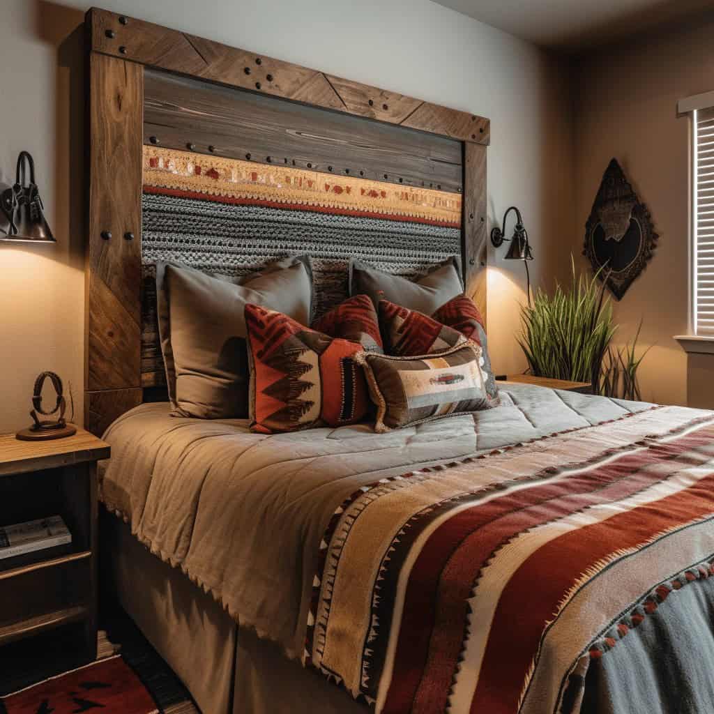 Sypialnia w stylu rustykalnym z drewnianą ramą łóżka i ozdobnymi poduszkami na łóżku, naturalne kolory i tekstury, komfortowe wnętrze z dekoracjami etnicznymi, relaksująca atmosfera, elementy inspirowane kulturą i naturą.