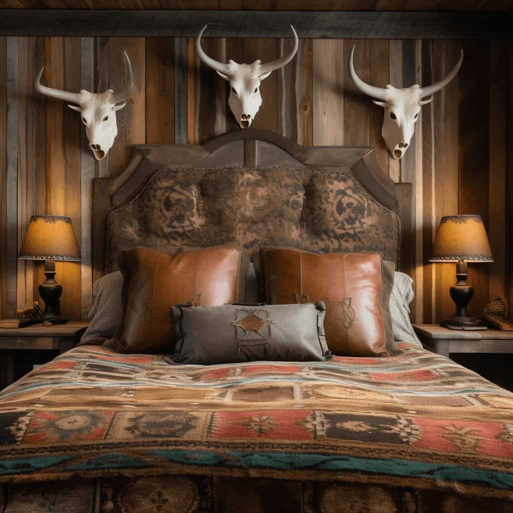 Stylowa elegancka sypialnia w stylu rustic z przytulnym łóżkiem i dekoracyjnymi maskami zwierząt na ścianie.