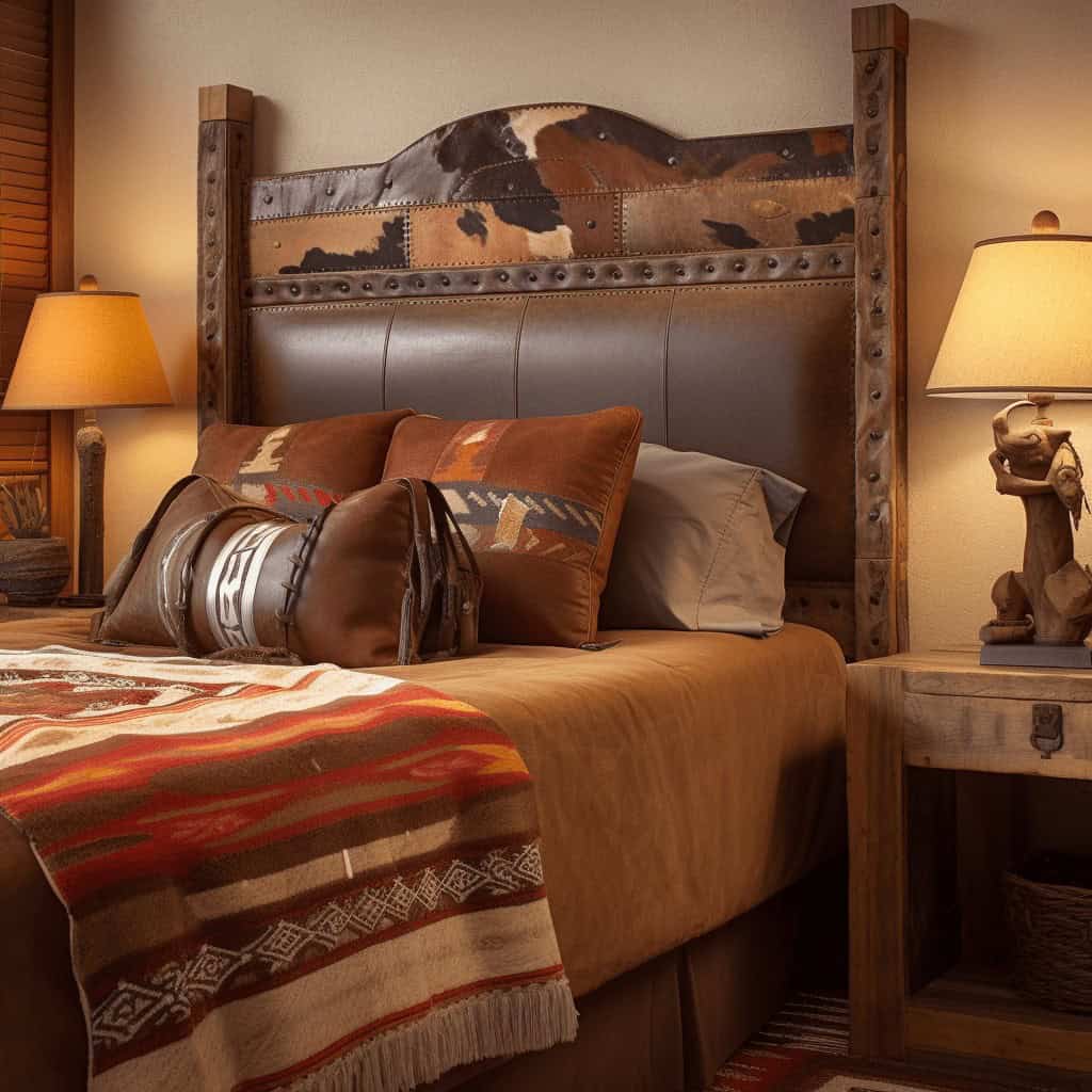 Tradycyjny, rustykalny wystrój sypialni z naturalnych materiałów i estetyką w stylu cowboy, ciepłe oświetlenie, wygodne łóżko z ozdobnymi poduszkami i akcesoriami w stylu western.