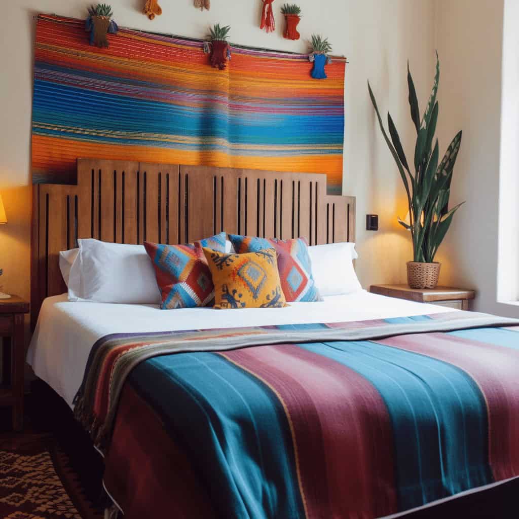 Kolorowa, ozdobna pościel na łóżku z meblami w stylu boho, dekoracje ze wzorami etnicznymi i roślinami w sypialni, inspirowana kulturą meksykańską, idealna do relaksu i wypoczynku.