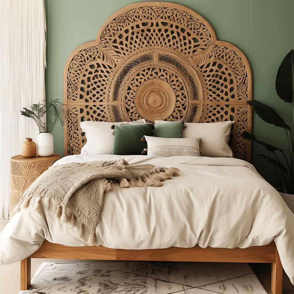 Tkanina dekoracyjna na główne łóżko z naturalnego drewna i ozdobnym headboardem w stylu boho z wikliny, z zielonymi i białymi poduszkami, elegancko urządzona sypialnia w stylu minimalistycznym.