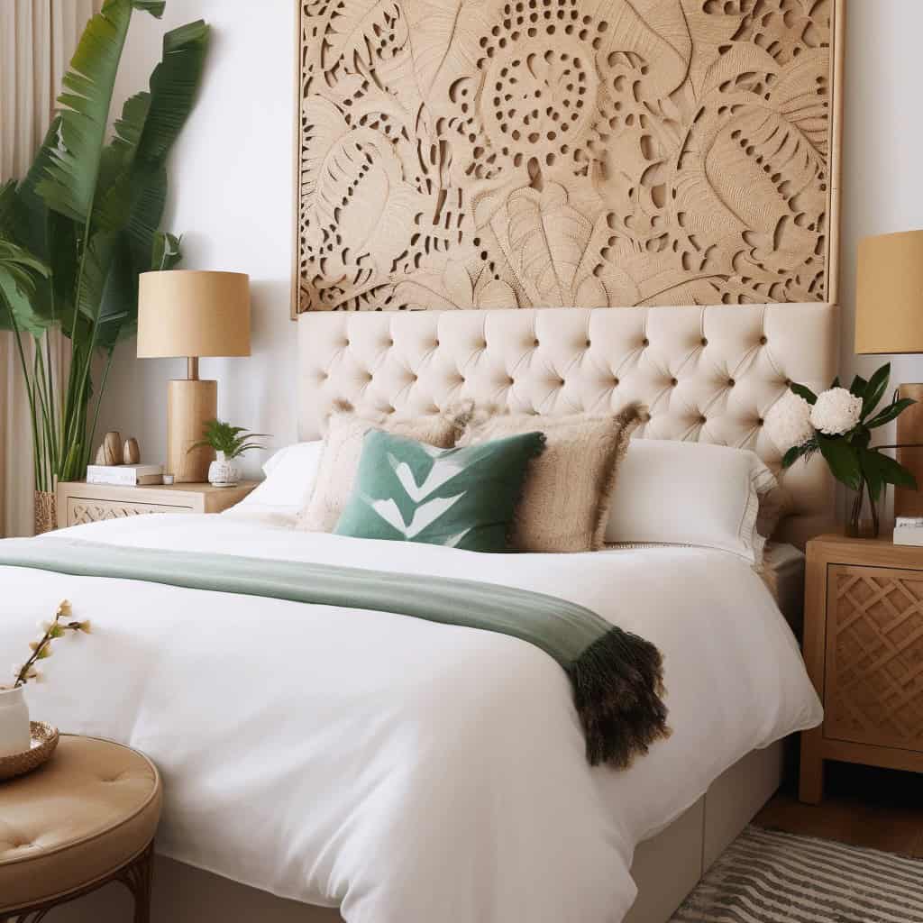 Zielony liściasty dekoracyjny akcent w sypialni, naturalny styl wnętrza, idealny do relaksu, eleganckie połączenie tkanin i mebli, inspiracje do aranżacji pokojów sypialnianych.