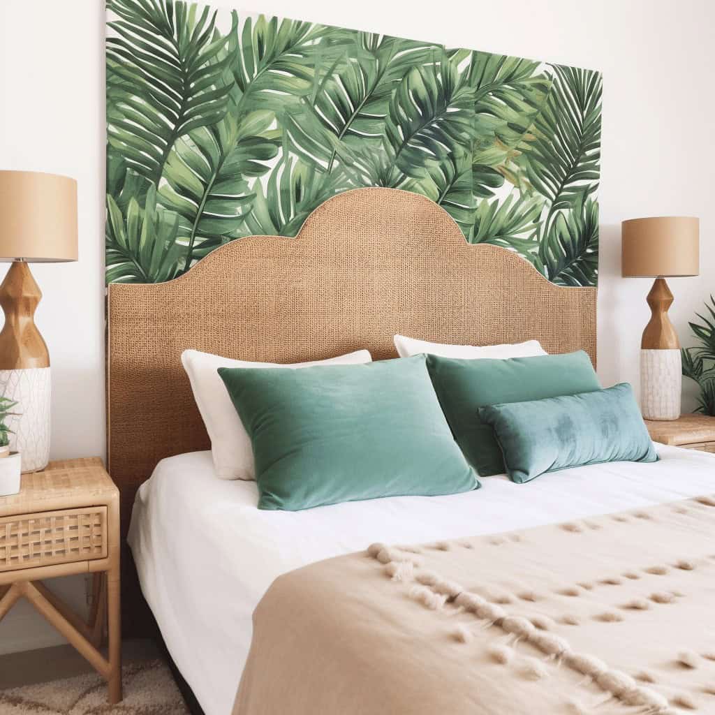 Panidekoruotka, naturalne sypialnie z tropikalną dekoracją, eleganckie łóżko z zielonymi poduszkami i drewnianymi lampami, relaks i komfort w nowoczesnym wnętrzu.