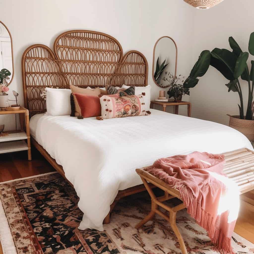 łóżko z naturalnym rattanowym zagłówkiem i dekoracyjnymi poduszkami, stylowa sypialnia w klimacie boho, elegancki i przytulny wystrój, projekt wnętrz PaniDyrektor.pl, optymalizacja dla opima.