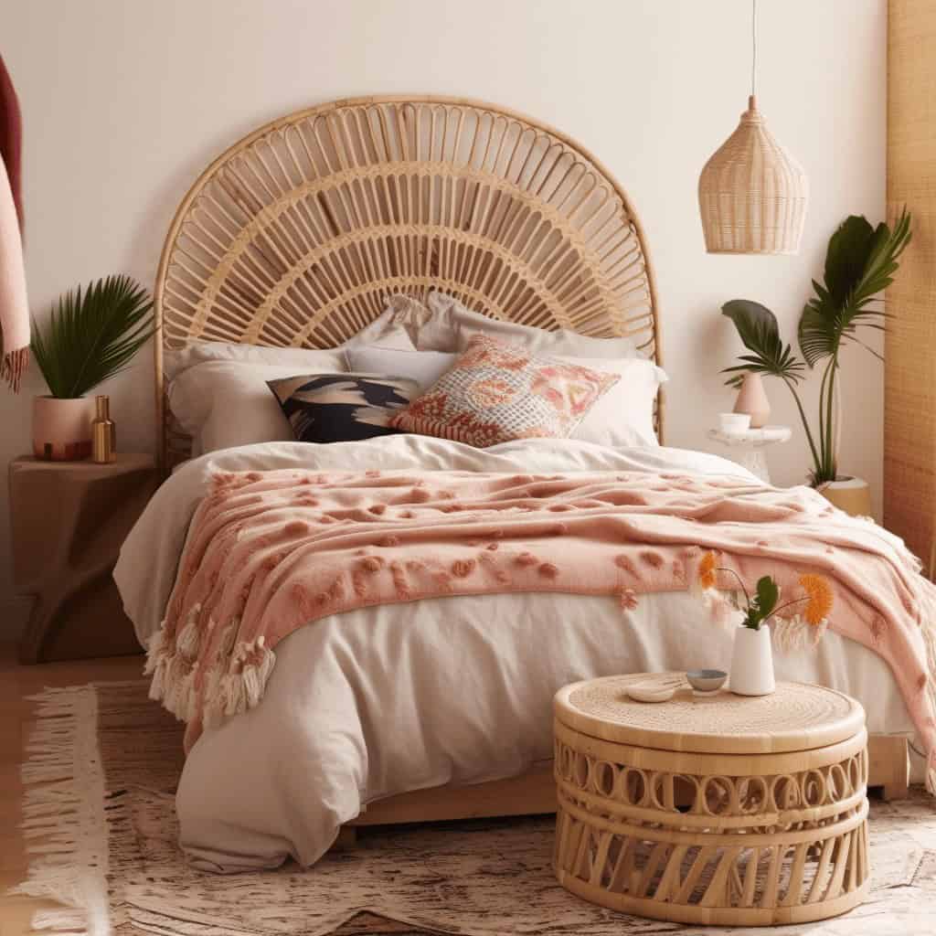 Oryginalne łóżko z rattanowym zagłówkiem i stylowymi poduszkami, przytulne wnętrze sypialni z naturalnymi dodatkami i roślinami, ciepła atmosfera, idealna do relaksu i odpoczynku.