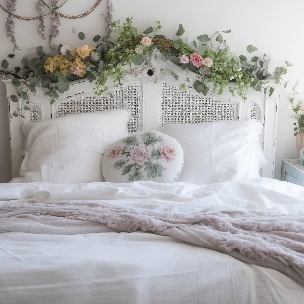 Przytulna sypialnia z kwiatowymi dekoracjami, romantyczny design, miejsce relaksu, elegancki wystrój, komfortowy sen, stylowe wnętrze, dekoracje kwiatowe, romantyczne aranżacje, sypialnia z kwiatami, komfortowe łóżko.