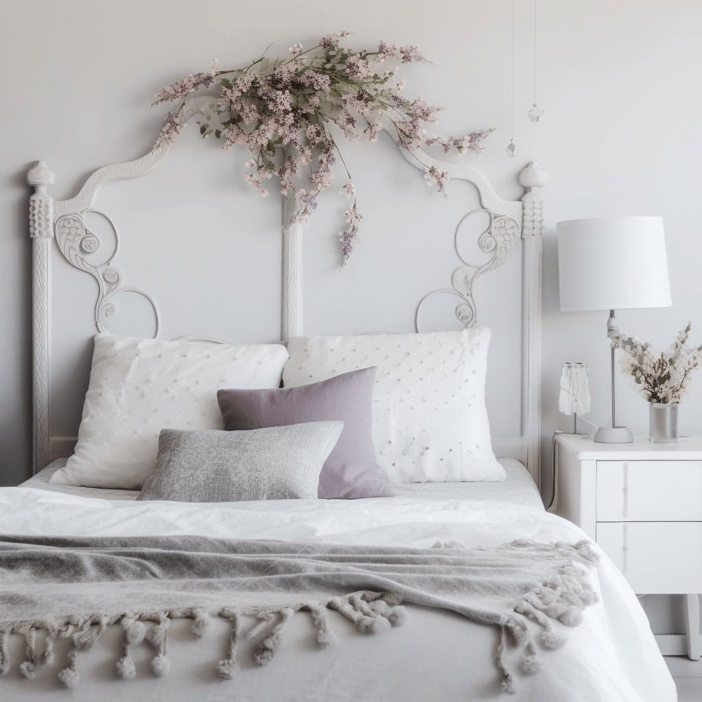 Przytulna sypialnia w pastelowych odcieniach z boho dodatkami i ręcznie wykonanymi dekoracjami, idealna do relaksu i odpoczynku.