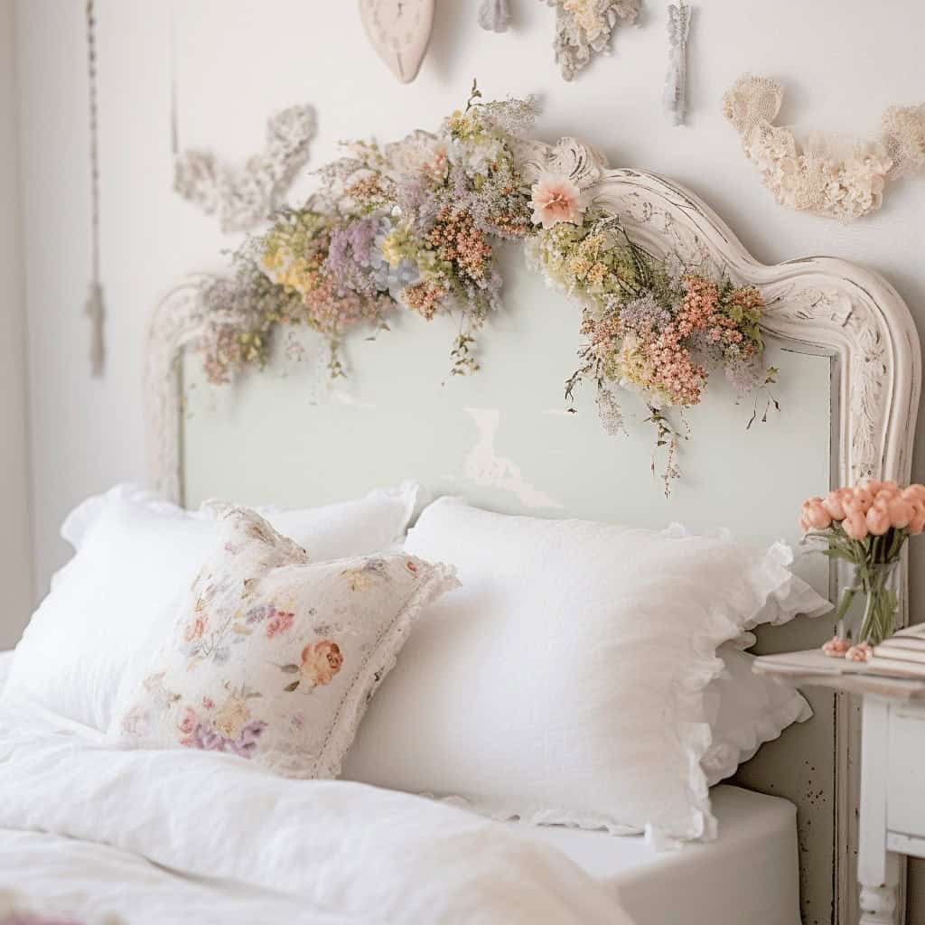 Błyszczące kwiaty na główce łóżka, romantyczny dekoracyjny akcent w sypialni optymalne wyposażenie, dekoracje wnętrz, kwiaty na łóżku.