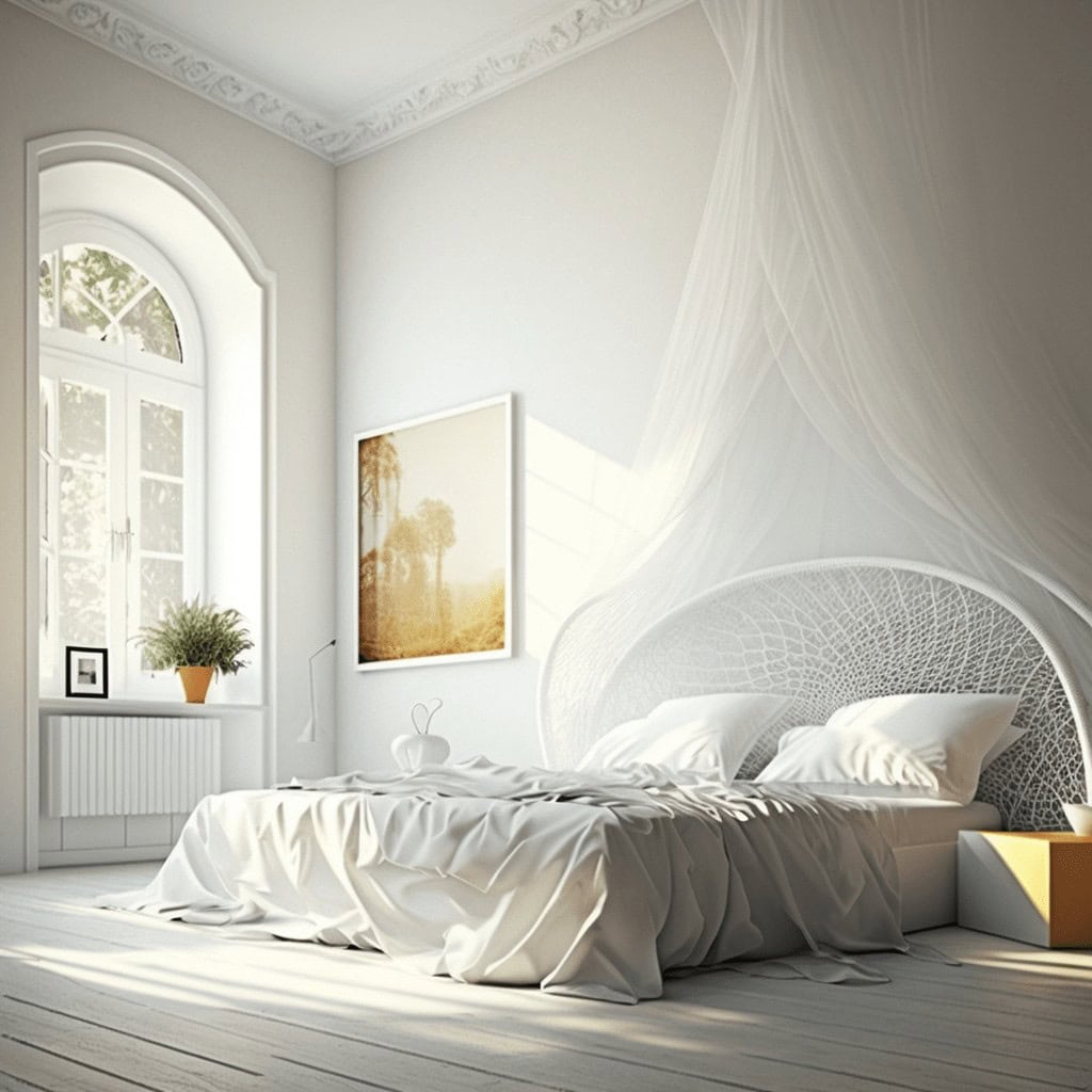 Komfortowy, biały pokój sypialniany z dużym oknem i eleganckim łóżkiem z baldachimem, jasne wnętrze, nowoczesny design, naturalne światło, relaksująca atmosfera.