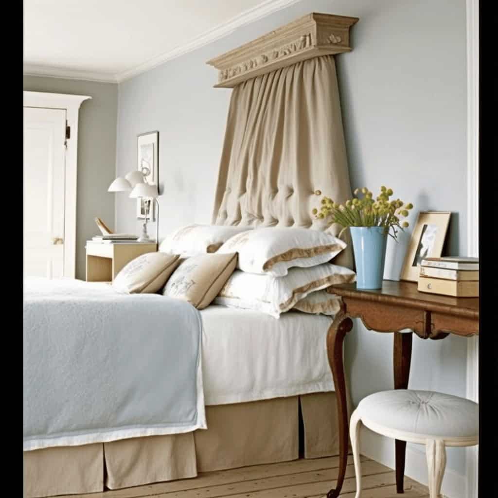 Przytulna sypialnia w stylu klasycznym z eleganckim panelem nad łóżkiem i dekoracyjnymi zasłonami. Wnętrze w jasnych tonacjach z ozdobnym drewnianym stolikiem, kwiatami i lampą nocną.