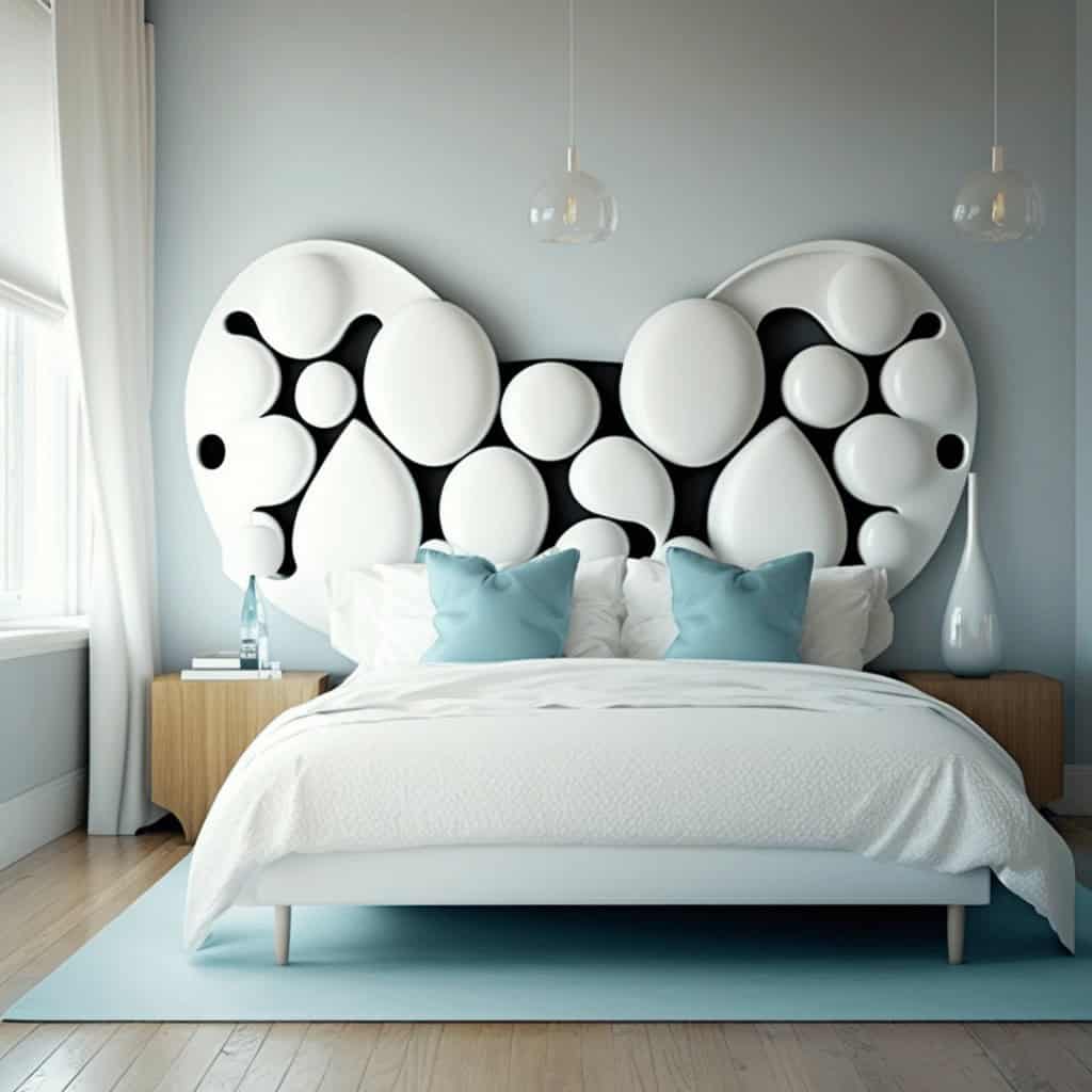 Nowoczesne łóżko z abstrakcyjnym zagłówkiem z białych i czarnych kulek, stylowa sypialnia, komfortowe miejsce do relaksu, design wnętrza.