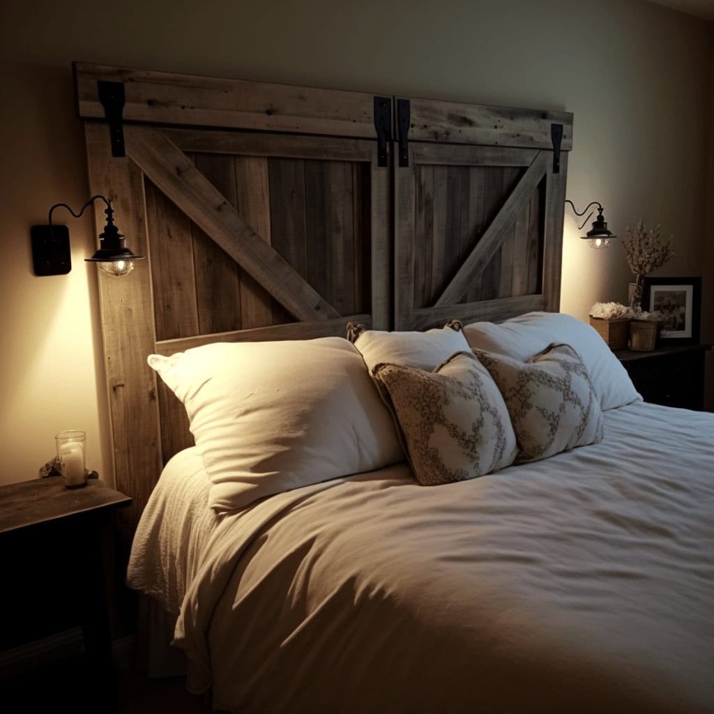 Przytulna sypialnia z drewnianą, rustykalną częścią główną, eleganckim łóżkiem i miękkimi poduszkami, oświetlona delikatnym światłem lamp nocnych, idealna do relaksu i odpoczynku.