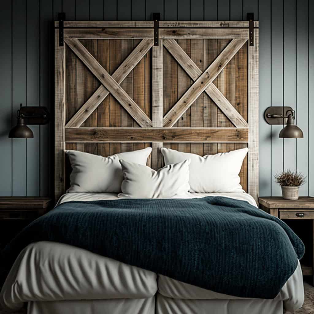 Przytulna sypialnia z drewnianą zagłówkiem, nowoczesny design, komfortowe łóżko i naturalne elementy dekoracyjne. Idealne miejsce do relaksu i wypoczynku.