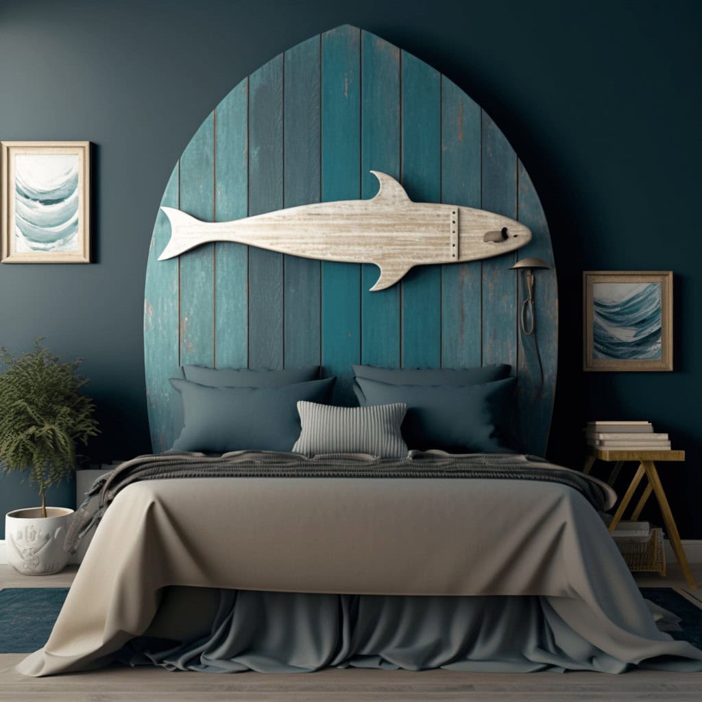 Lampka nocna przy łóżku, nowoczesny pokój sypialny z morskimi elementami dekoracyjnymi, inspirujący wystrój i wygodne wyposażenie.